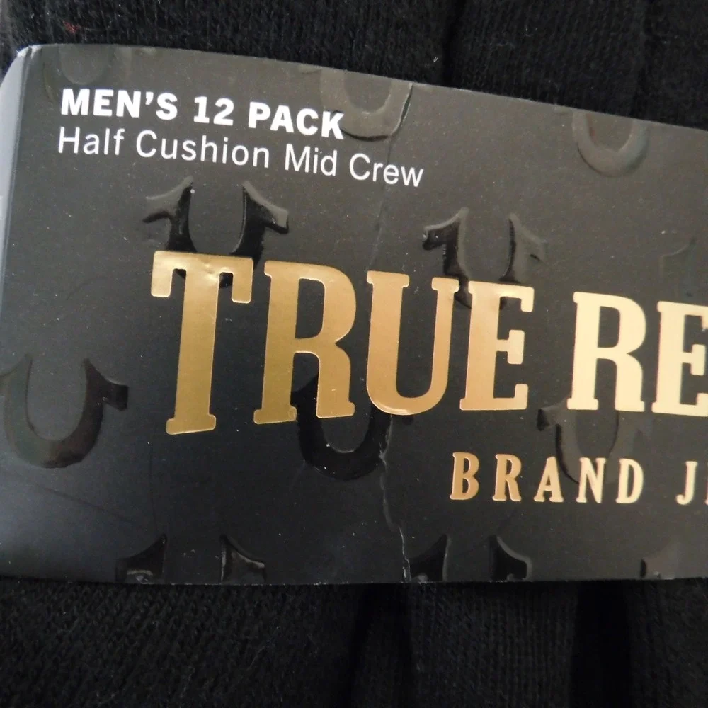 True religion 12 pack half cushion mid crew socks black for‎ shoe sizes 8 - 12.5